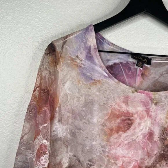 Cal Style Top Women's Lace Tunic Asymmetrical Hem Pink 2XL Fairy Romantic Boho - Picture 5 of 12